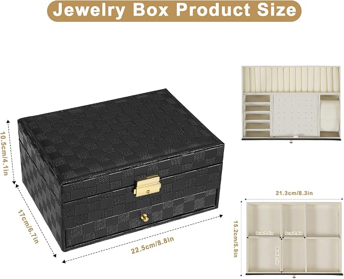 GUOER Jewelry Box for Women Girl Wife - Large PU Leather Jewelry Organizer Storage Case with Two Layers Display for Earrings Bracelets Rings Watches (Checkered Black) - Image 4