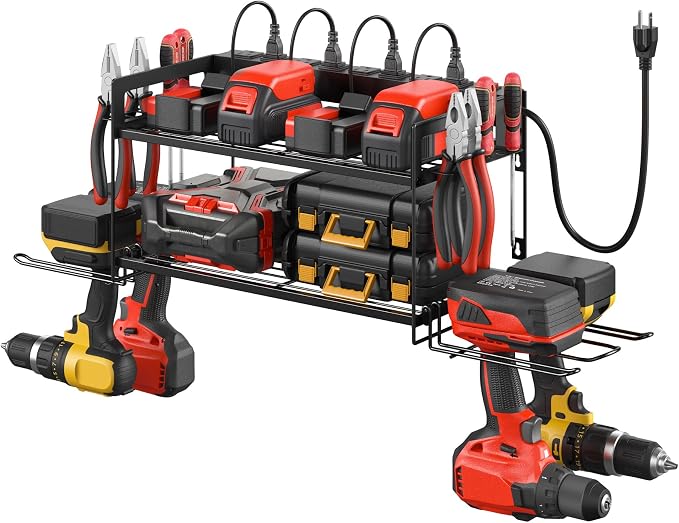 CCCEI Garage Tools Storage with Charging Station. Power Tool Battery Organizer Utility Shelf with Power Strip. 4 Drills Holder Wall Mount Rack, Black. by CCCEI
