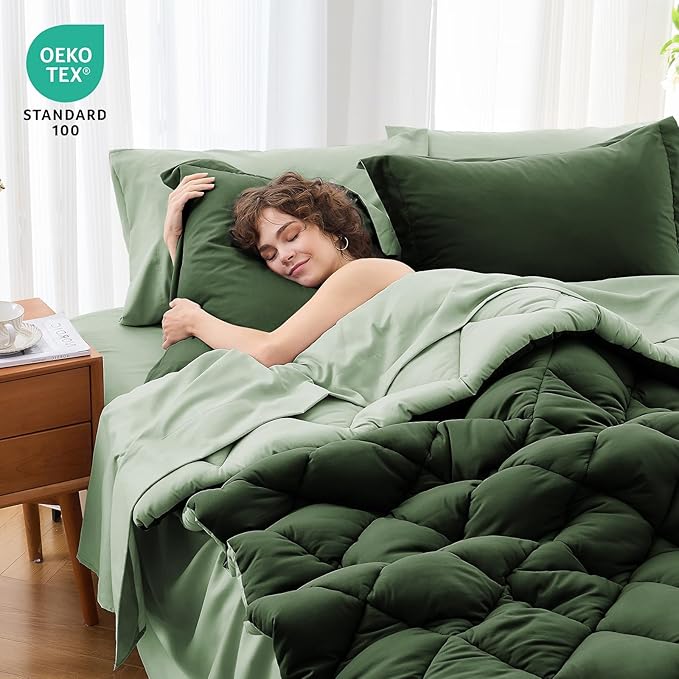 MUXHOMO 7 Pieces Full Comforter Set, Reversible Bed in a Bag Full Size, All Season Bedding Set with Comforter, Flat Sheet, Fitted Sheet, Pillowcases & Shams, Dark Green & Light Green