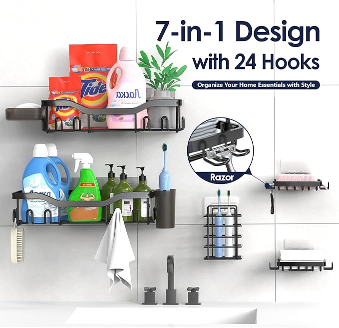 NESOMI Shower Caddy Adhesive Shower Organizer 7-Pack, Rustproof Stainless Steel Bathroom Shelves, Large Capacity No-Drill Rack Storage Accessories with Soap Dish Toothbrush Holder &24 Hooks Home Decor - Image 7