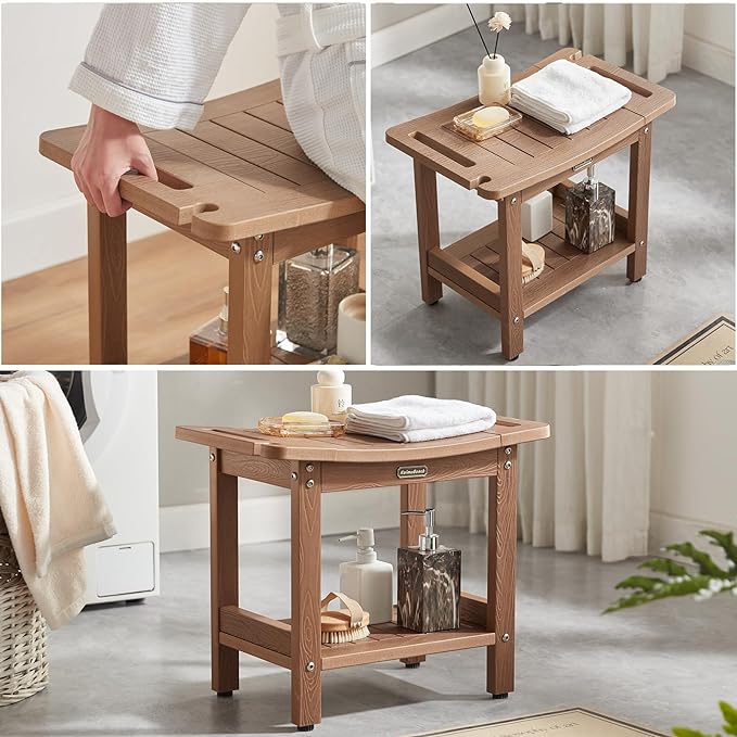 Poly Shower Stool for Inside Shower Waterproof, Shower Bench for Shaving Legs, Heavy Duty Plastic Bathroom Chair Seat with Handles & Adjustable Feet, Foot Rest, No Maintenance, Brown - Image 6