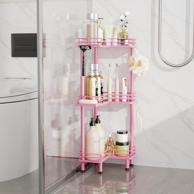 Consumest Corner Shower Caddy Standing - 3-Tier Stainless Steel Shower Organizer with Soap Holder and 4 Hooks, Large Capacity Corner Shelf Stand for Bathroom, Rest Room, Pink - Image 6