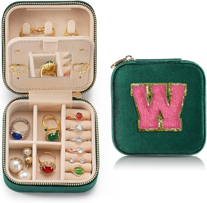 Personalized Velvet Travel Jewelry Case Box For Women Ring Necklace Earring Holder Organizer with Mirror Green Girls Box Birthday Gifts Mom Initial W by HKDSGF