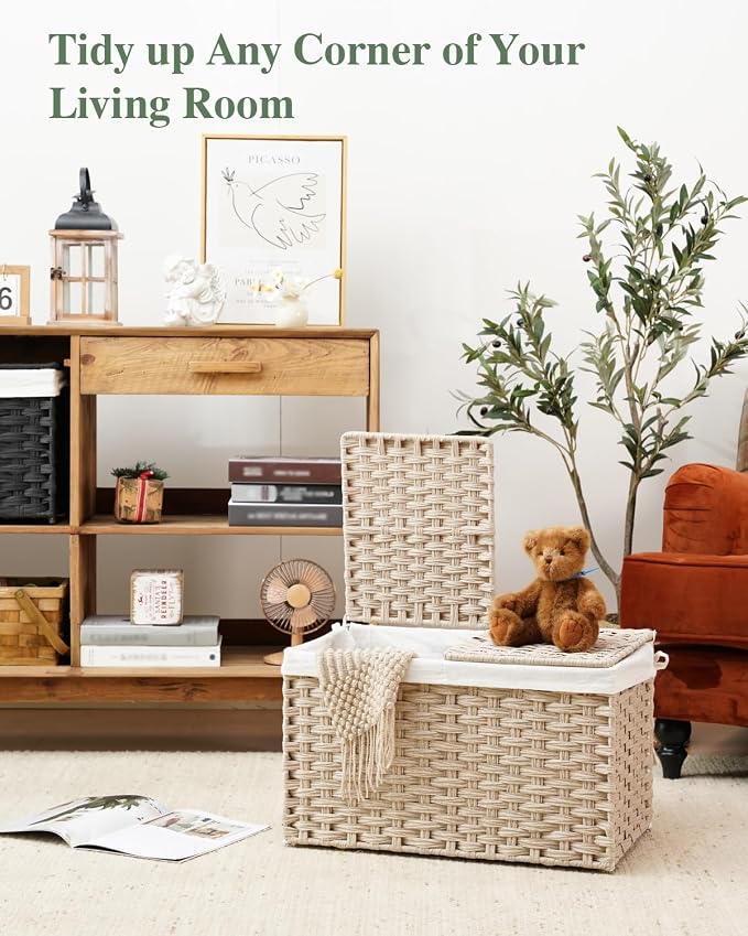 SETVSON Storage Basket with Lid Rattan Woven Storage Baskets with 2 Separate Lids, 17.2 Gallon (65 L) Wicker Storage Bins Foldable 2 Removable Liner Bags Handles for Bedroom, Laundry Room Light Khaki - Image 7