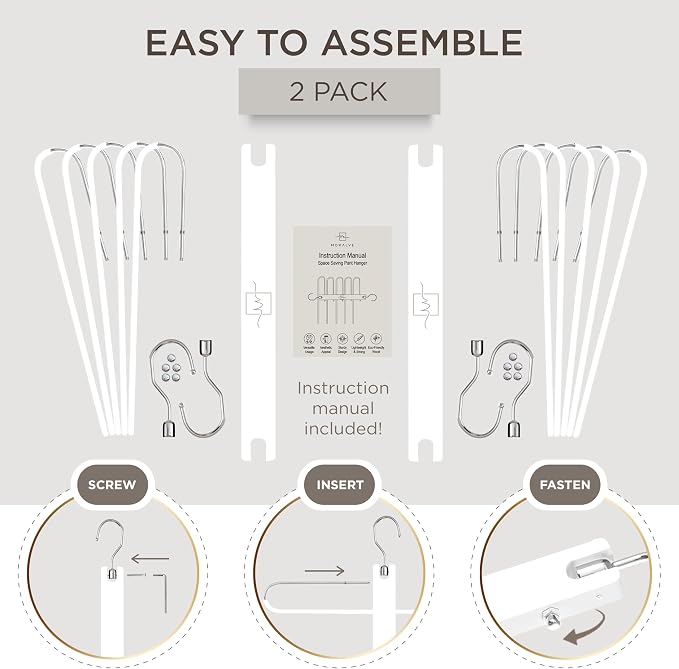 MORALVE Pants Hangers Space Saving - 2 Pack European Beechwood Scarf and Jean Hangers - Closet Organizer and Space Saver Pant Rack, Leggings Hanger, and Scarf Holder with 360° Swivel Hook - Image 7