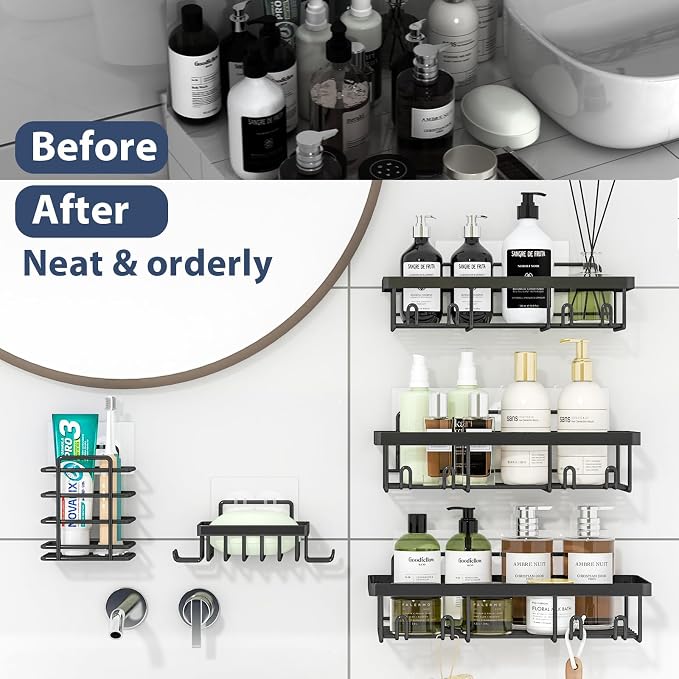 Liuoud 5 Pack Shower Caddy Organizer Rack Shelf for Inside Shower, Adhesive Bathroom Wall Storage Basket Rustproof Stainless Steel Shampoo Holder, Bathroom Accessory Decor Set, Black. - Image 6