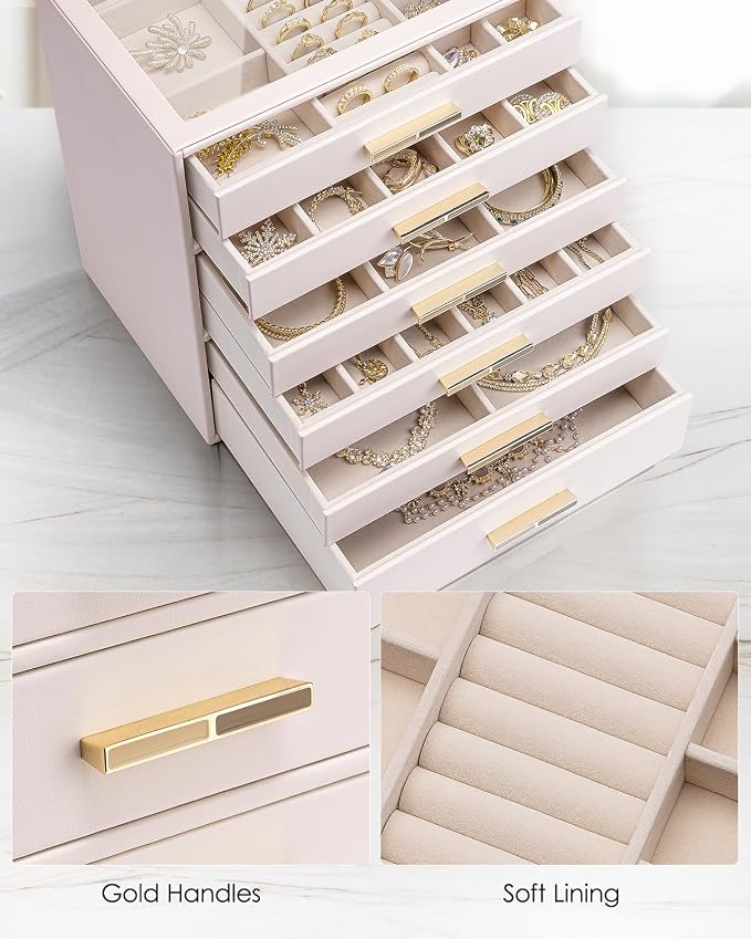 VLANDO 6 Layer Jewelry Box for Women, Glass Lid Jewelry Organizer with 6 Drawers for Necklaces Rings Earrings Bracelets - Light Pink - Image 5