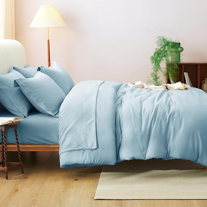 CozyLux Queen Comforter Set Light Blue, 7 Pieces Bed in a Bag Queen Comforter Set with Sheets, Luxury Soft Bedding Sets with Down Alternative Comforter, Fitted Sheet, Flat Sheet, Pillowcases & Shams
