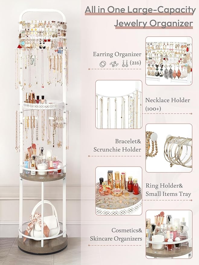 Jewelry Holder Organizer, Floor Jewelry Organizer with Earring Organizer Necklace Holder, Rotating Jewelry Stand Necklace Display Earring Storage, Large Hanging Jewelry Tree for Jewlery Bracelet Ring - Image 2