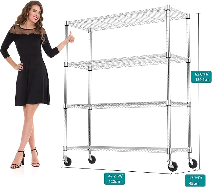 M MZG 1400LBS 47.2" W 4 Tiers Storage Shelves Metal Shelving Unit with Wheels Heavy Duty Garage Shelving Adjustable Wire Shelves for Pantry,Kitchen,Garage,Basement,Chrome 17.7" D x 47.2" W x 62.6" H - Image 3