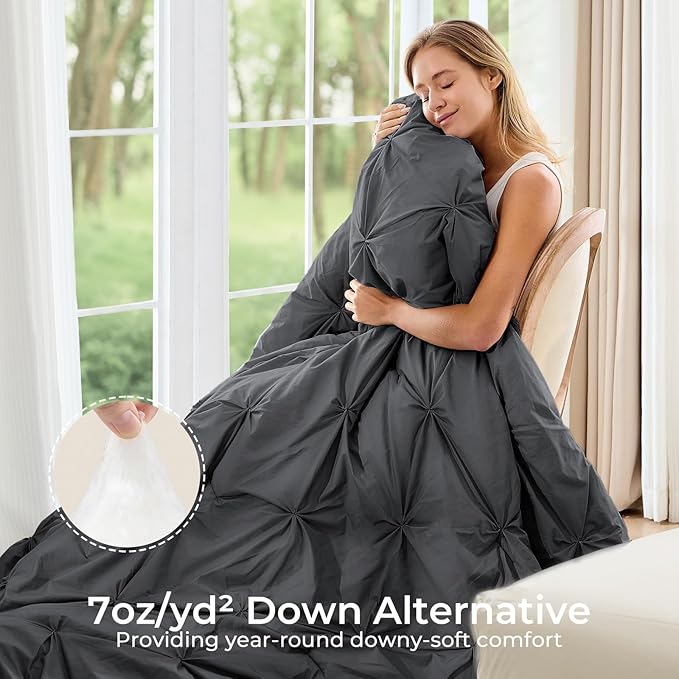 Sasttie Queen Comforter Set, 7-Piece Bed in a Bag, Pintuck Bedding Set for All Season, Includes Comforter, Flat Sheet, Fitted Sheet, Pillowcases and Pillowshams, Dark Grey