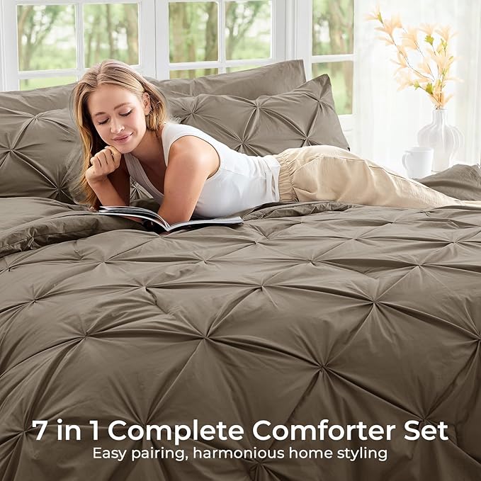 Sasttie California King Comforter Set, 7-Piece Bed in a Bag Cal King, Pintuck Bedding Set for All Season, Includes Comforter, Flat Sheet, Fitted Sheet, Pillowcases and Pillowshams, Brown