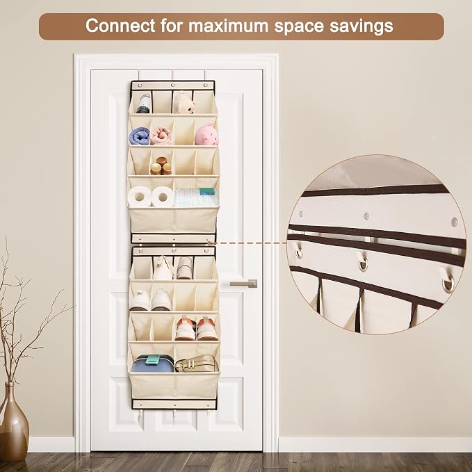 FENTEC 2 Pack Over the Door Shoe Organizer, Hanging Shoe Organizer, 28 Large Deep Pockets Door Shoe Rack with 6 Hooks Shoe Organizer for Shoes, Sneakers, and Home Accessories, Beige - Image 5