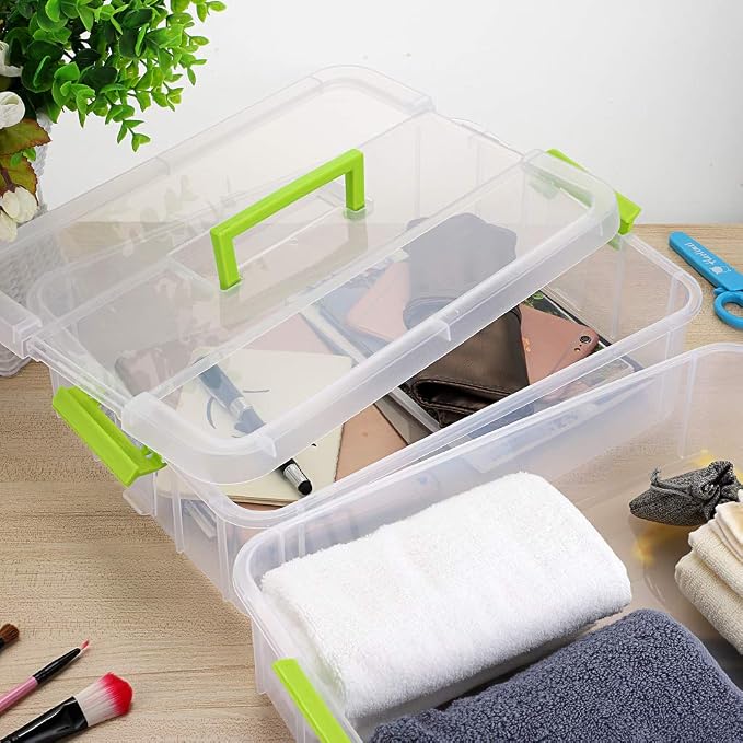 JUXYES 2-Tiers Stack Carry Storage Box With Handle, Transparent Stackable Storage Bin With Handle Lid Latching Storage Container for School & Office Supplies (Green) - Image 8