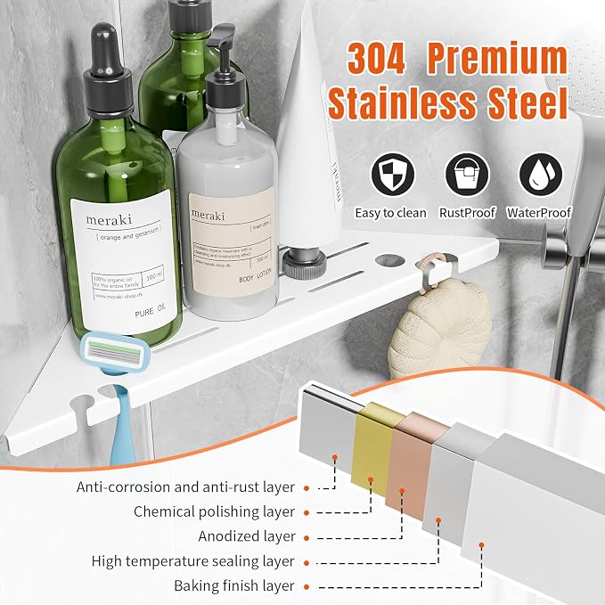 Shower Corner Shelf, 304 Stainless Steel, Black, Wall Mount, Triangular, 10 x 10 Inches, Leak Resistant, 2 Pack, Bathroom Storage Organizer with Brushed Finish - Image 2