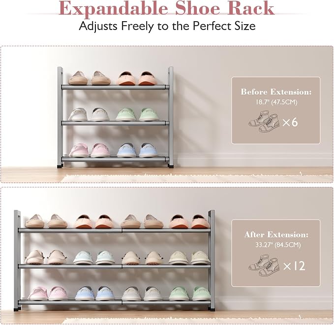 Bumusty 3-Tier Expandable Shoe Rack for Closet, 18“-33” Adjustable Shoe Rack for Small Space, Small Shoe Organizer for Front Door, Sturdy Metal, Light Grey - Image 4