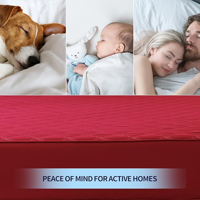 Waterproof Mattress Protector - Queen Size Mattress Pad Silent & Fitted Sheet Style | Full Bed Protection for Kids, Pets, Adults | Hypoallergenic, Machine Washable (Red, Queen)