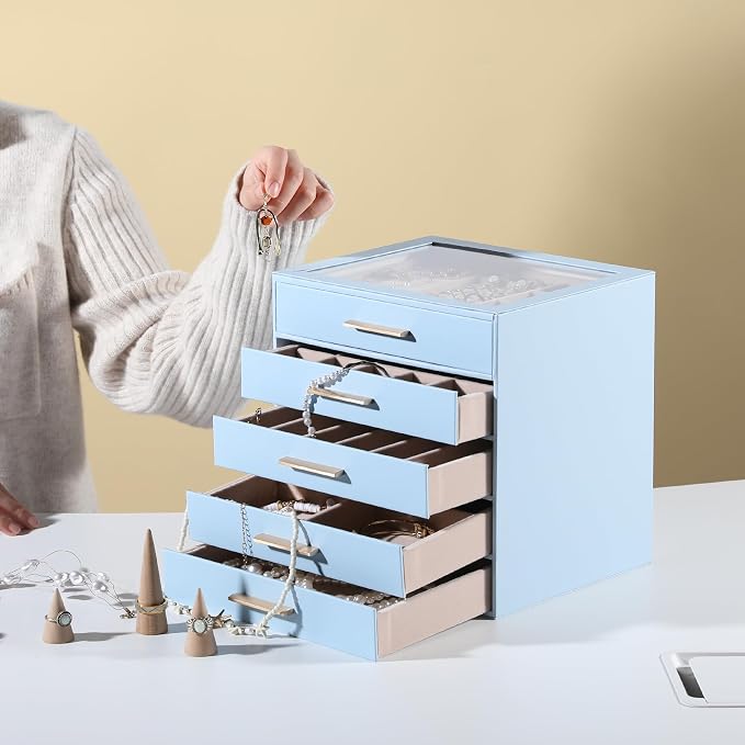 Frebeauty Clear Lid Jewelry Box,5-Layer Jewelry Organizer with Drawer,PU Leather Jewelry Organizers and Storage,Jewelry Boxes for Women,Jewelry Storage for Rings Earring Stud,Gift for Women(Sky Blue) - Image 2