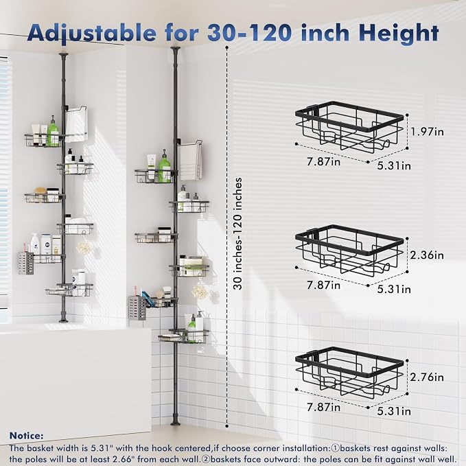Shower Caddy Organizer Tension Pole, Rustproof 6-Pack Corner Shelf with 30-120 Inch Adjustable Shower Rack for Inside Shower, Extra Towel Bar & Soap Dish for Bathroom Organizers and Storage, Black - Image 5