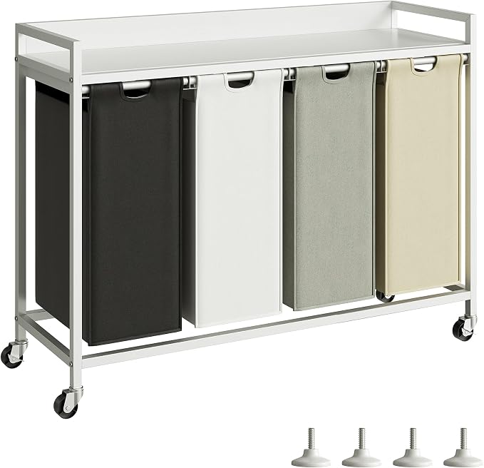 Herture Laundry Hamper with Shelf, Laundry Basket 4 Section, Laundry Sorter with Pull-Out Removable Large 4 Color Bags and Movable Wheels, Metal Frame, 4 x 15.87 Gallons (60L), White PF07XLE by Herture