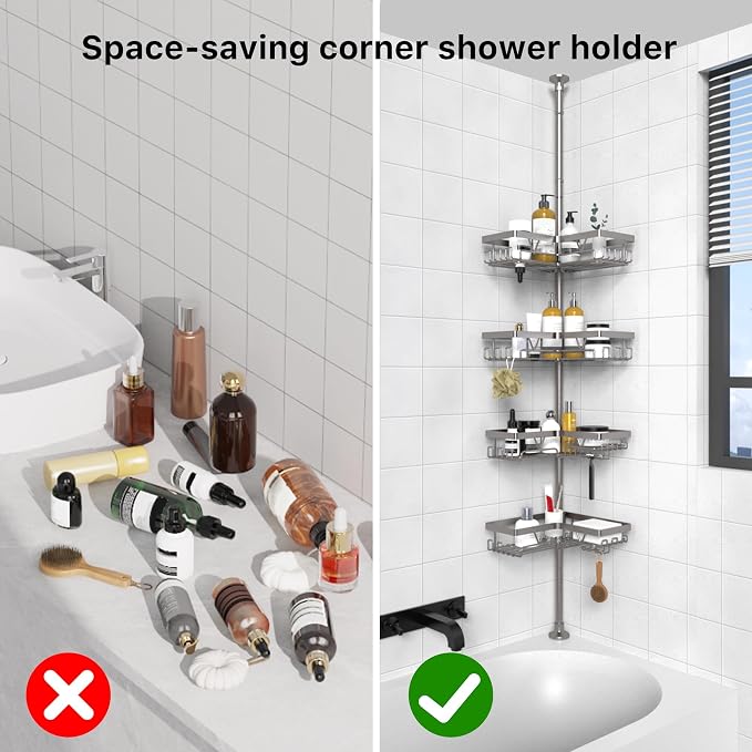 KEGII Corner Shower Caddy Tension Pole with Soap Dish & Razor Holder, Adjustable Bathroom Organizer with Hooks, 25-114.2 Inch Rustproof Storage Shelf for Renters & Apartments, Gunmetal Gray - Image 7