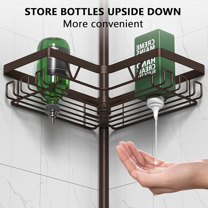 DAOYA Corner Shower Caddy Tension Pole - Adjustable 4-Tier Shower Shelf Stainless Steel Corner Tension Rod Bathroom Organizer Shampoo Holder with Soap Holders & Hooks for Bath, Tub, Floor Space Saving - Image 4
