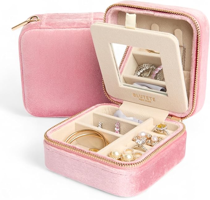 BLUTETE Travel Jewelry Box Organizer Velvet Travel Case With Mirror Ring Earrings Necklaces Storage Organizer Box (Light Pink) by BLUTETE
