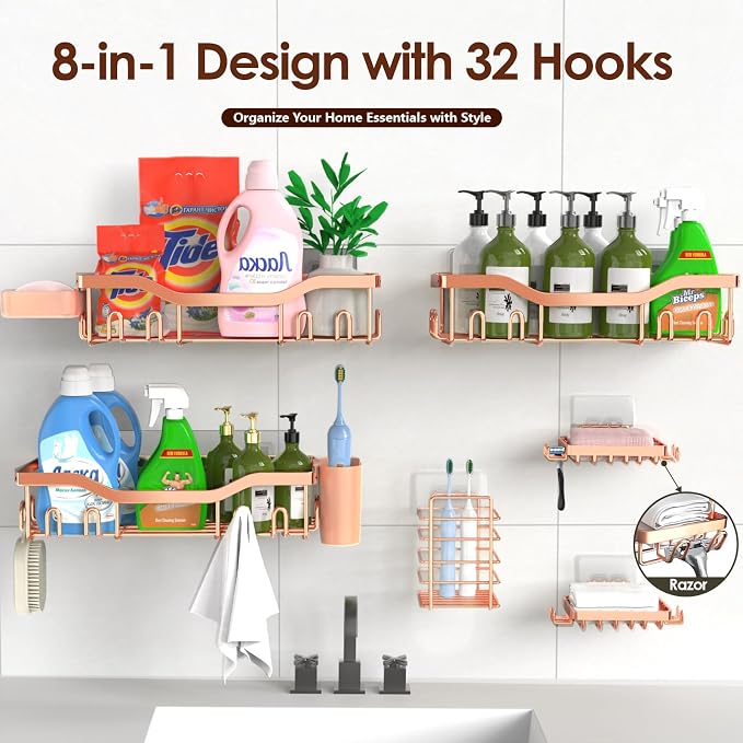 NESOMI Shower Caddy Adhesive Shower Organizer 8-Pack, Rustproof Stainless Steel Bathroom Shelves, Large Capacity No-Drill Rack Storage Accessories with Soap Dish Toothbrush Holder Hooks - Image 7
