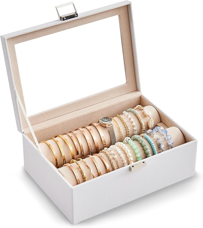 Lolalet Bracelet Display Holder with Rods for Bangles Watches, Clear Lid Jewelry Organizer Box Storage Case for Mothers Day Gifts -White, 2 Rolls by Lolalet