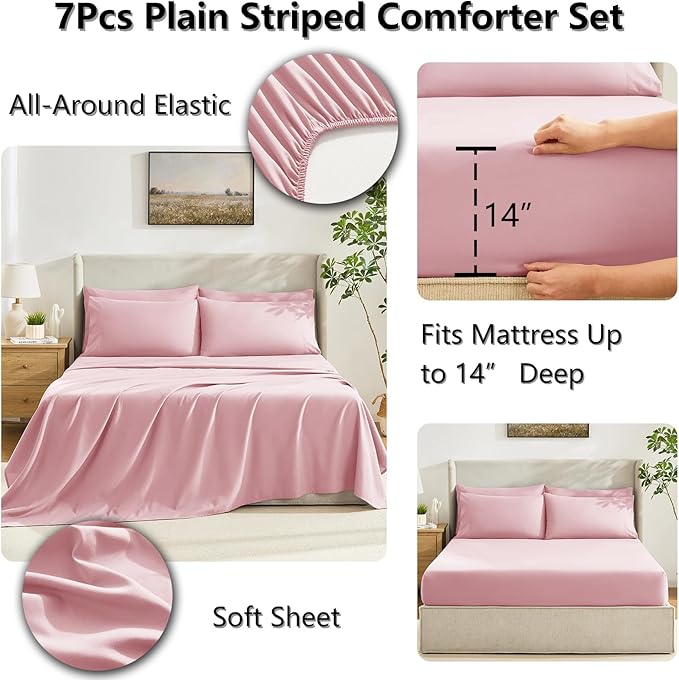 CozyLux Queen Comforter Set Pink, 7 Pieces Bed in a Bag, Pink Comforters Queen Size, All Season Bedding Sets with Stitch Quilted Comforter, Flat Sheet, Fitted Sheet, Pillowcases