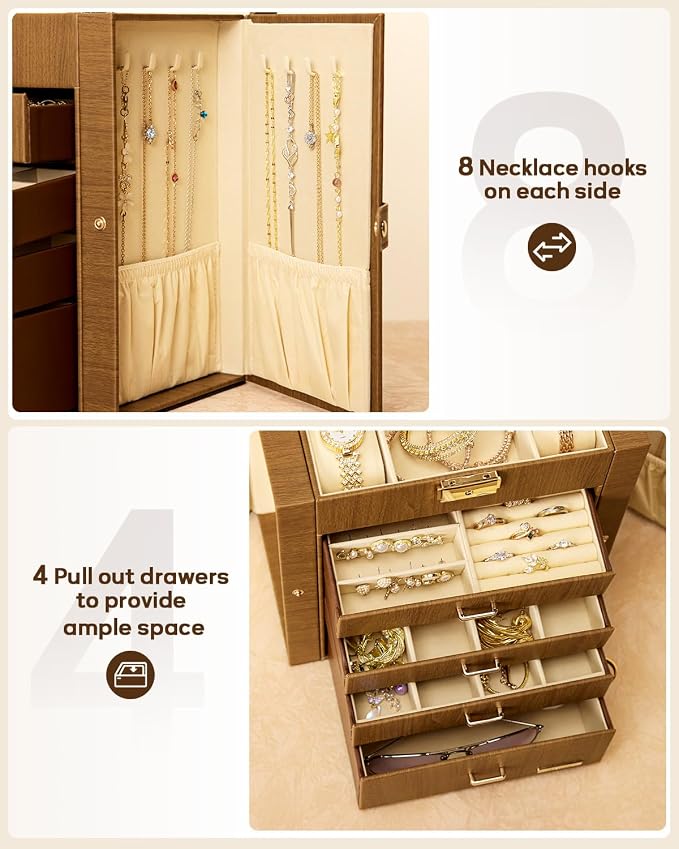 Homde Mothers Day Gifts Synthetic Leather Huge Jewelry Box Mirrored Watch Organizer Necklace Ring Earring Storage Lockable Gift Case (Brown + Gold) - Image 5