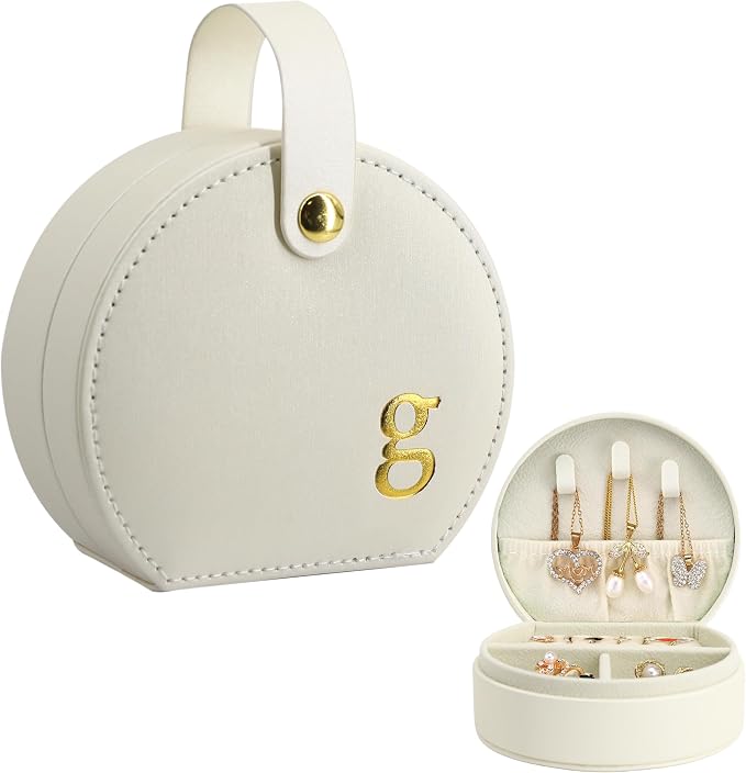 COLLECTIVE HOME - Travel Jewelry Case, Elegant Half-Moon Design with Gold Monogram, Detachable Handle, Personalized Accessory Organizer, Gift for Fashion-Forward Women and Teens (g) by COLLECTIVEHOME
