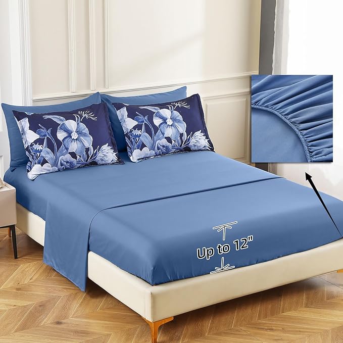 Luxudecor Floral Comforter Set Queen Size 7 Piece, Navy Blue Flower Bed in a Bag, Elegant Floral Comforter with Sheet Set, Soft Microfiber Bedding Set for All Season (Navy Blue, 90"x90")