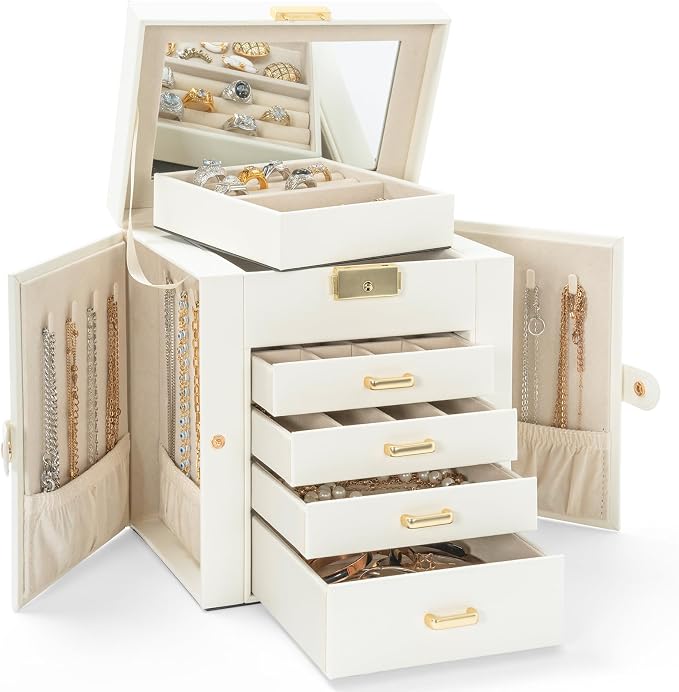 AKOZLIN 5-Tier Jewelry Box Leather Jewelry Storage Organizer with 4 Drawers Lockable for Women Girls Ring Necklace Earring Bracelet Watches Holder with Mirror White - Image 7