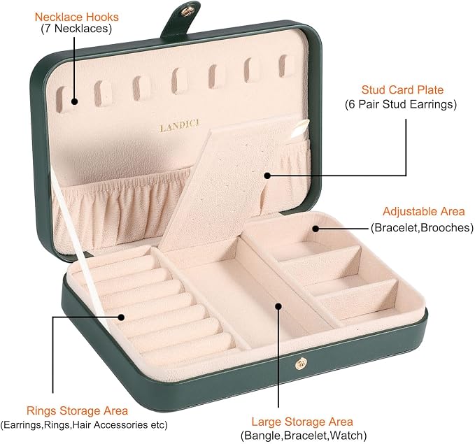 LANDICI Small Jewelry Box for Women Girls, PU Leather Travel Jewelry Organizer Case, Jewellery Storage Holder Display for Ring Earrings Necklace Bracelet Bangle Watch Men Kids Gift, Blackish Green - Image 3