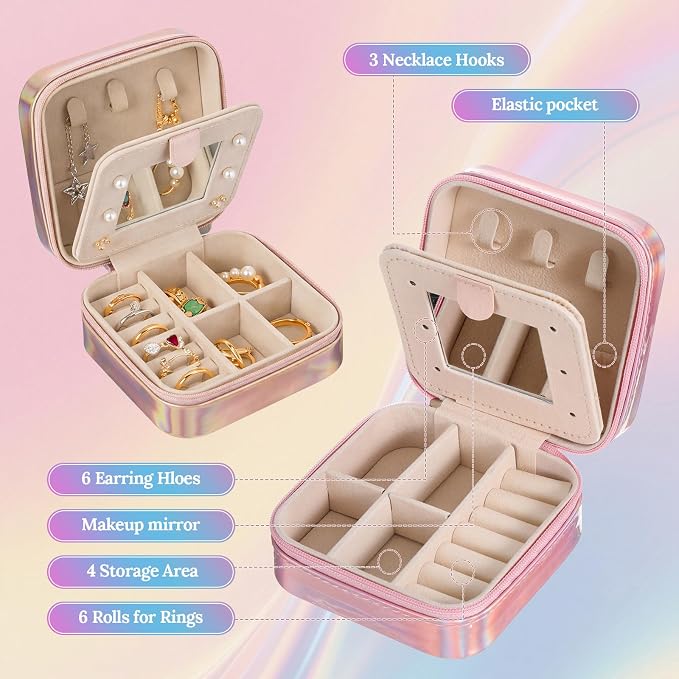 Nosiny 2 Pack Travel Jewelry Case with Mirror Small Laser Jewelry Box Organizer Gifts for Mother's Day Women Rings Earrings(Sakura Pink and Pastel Color) - Image 4