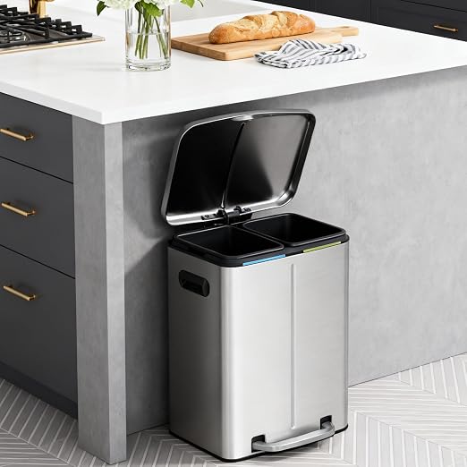 PayLessHere Dual Compartment Trash Can with Lid Removable Inner Bucket Foot Pedal Soft Close for Office Home Kitchen Garbage Can Trash Bin (Stainless Steel, 10 G) - Image 2