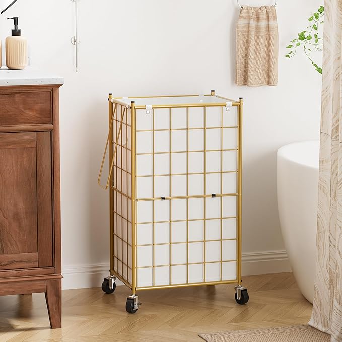 WOWLIVE Laundry Hamper with Wheels,Metal Wire Frame Rolling Laundry Basket with Removable bag,100L Dirty Clothes Hamper Organizer Dorm Room Storage for Bedroom,Bathroom,Golden - Image 3
