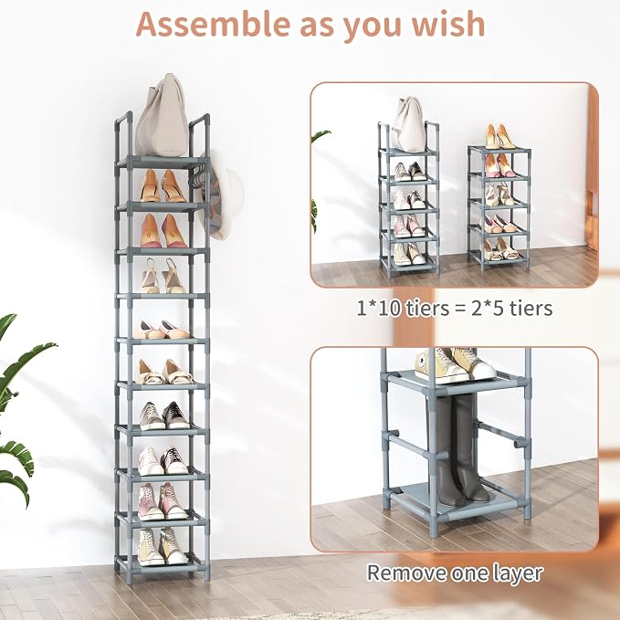 LANTEFUL Narrow Shoe Rack 10-Tier Tall Shoe Organizer Skinny Shoe Shelf Storage for 10-15 Pairs Shoe and Boot, Space Saving Corner Shoe Rack Organizer for Closet, Entryway, Living Room, Grey - Image 5