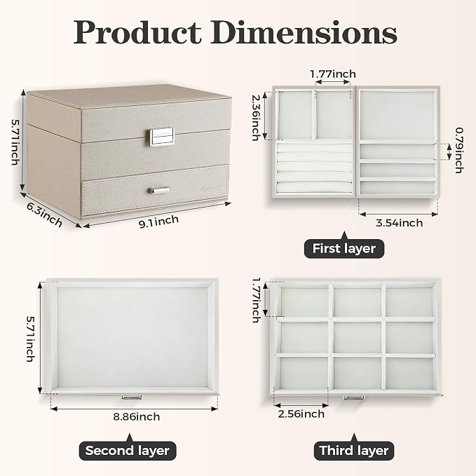 Dajasan Jewelry Organizer Box, Large Jewelry Boxes for Women Girls, Space-Saving 3 Layers Jewelry Storage Case with Drawer, Movable Metal Stand, Modern, Gift Idea (Champagne) - Image 3