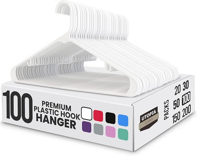 Utopia Home Plastic Hangers 100 Pack - Space Saving Clothes Hanger - Durable & Strong Closet Organizers and Storage with Built-in Strap Hooks - Essential for Shirts, Pants, Skirts & Coats (White) by UTOPIAHOME