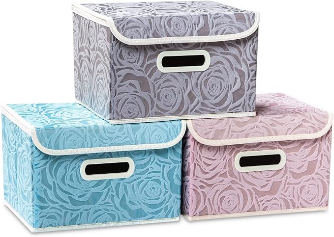 PRANDOM Collapsible Storage Boxes with Lids Fabric Decorative Storage Bins Cubes Organizer Containers Baskets with Cover Handles Divider for Bedroom Closet Living Room 9.8x7.9x6.7 Inch 3 Pack by Prandom