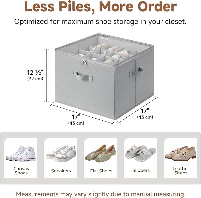 StorageWorks 2 Pack Shoe Organizer for Closet, Foldable Shoe Storage Box with Adjustable Dividers, Fabric Shoe Boxes Organizer for 32 Pairs, Closet Organizers and Storage Bin for Boots, Sneakers, Grey - Image 3