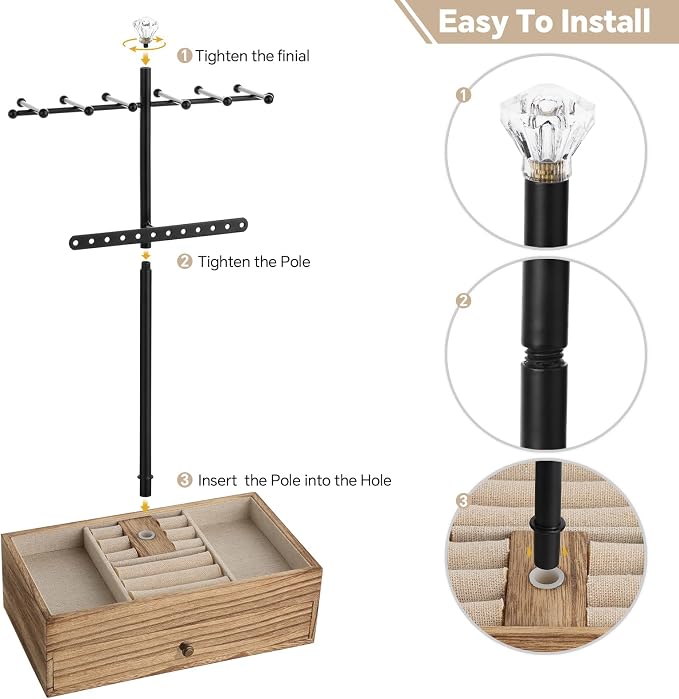Meangood Jewelry Organizer Stand, 3-Tier Necklace Holder Jewelry Tree with Wooden Storage Drawer Box for Necklace Bracelet Earring Ring, Carbonized Black - Image 8