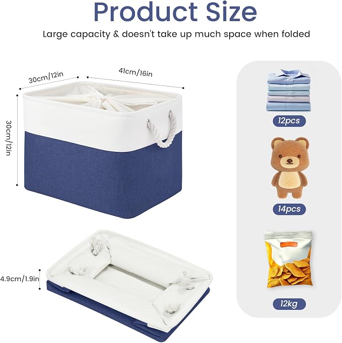 Large Storage Baskets- 16x12x12 inch Storage Bins for Shelves and Closet Organizing, Foldable Fabric Bin for Home Organization Clothes and Laundry (1-Pack, White&Blue) - Image 5