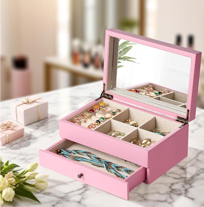 Meangood Jewelry Box Organizer for Women, 2 Layer Large Jewelry Storage Case, Rustic Wooden Jewelry Box with Mirror & Ring Tray for Necklace Earring Bracelets Rings, Vintage Style (Pink) - Image 7