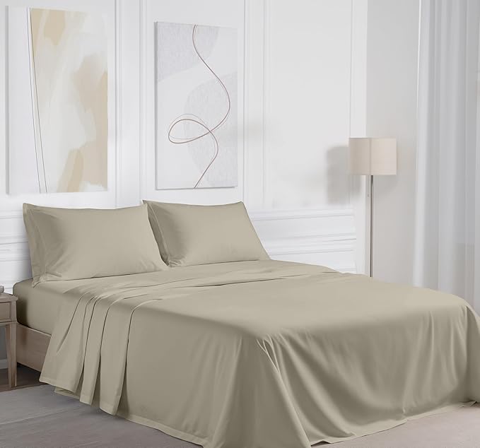 RUVANTI 100% Cotton Sheets – Queen Size Percale Bedding, Cooling & Breathable, Durable with a Crisp, Soft & Comfortable Feel, 16" Deep Pocket, 4-Piece Set, Taupe