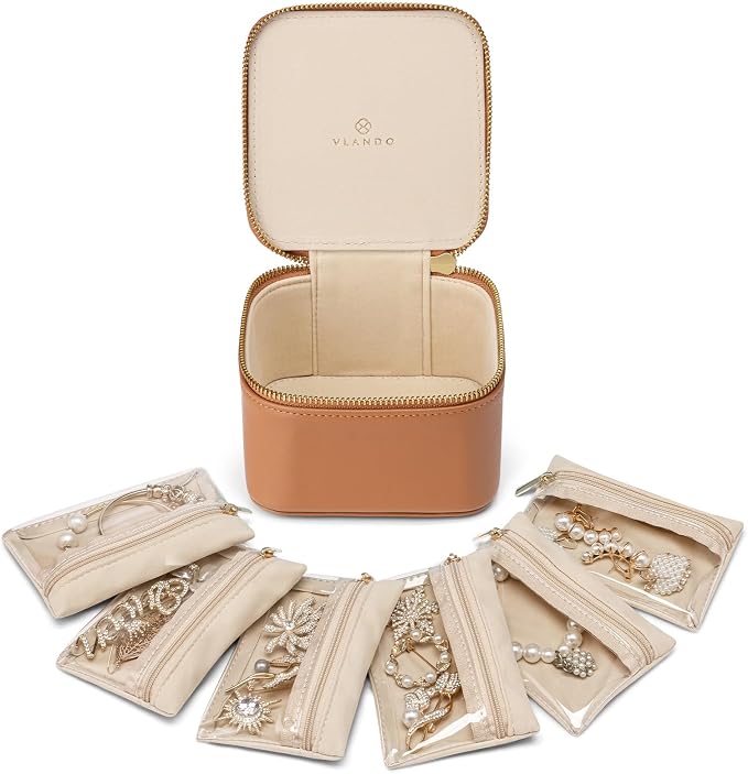 Vlando Jewelry Travel Case,Travel Jewelry Organizer with Clear Velvet Jewelry Bags 6Pcs Zipper Pouch for Women-Brown by VLANDO