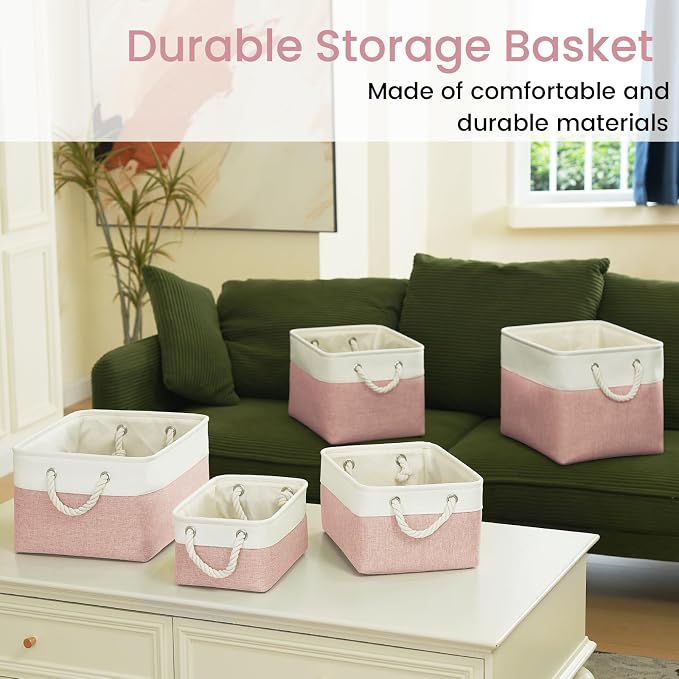 Storage Baskets for Shelves 11.8x7.9x5.2 Inch, Foldable Fabric Storage Bins with Handles, Small Storage Baskets for Organizing Closet, Office, Home Organization (3-Pack, White&Pink) - Image 7