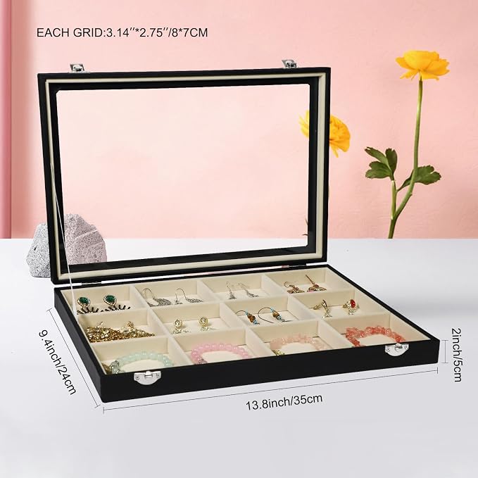 Stratalife Jewelry Organizer Bracelet Holder Organizer Box Earring Storage Drawer Jewelry Display Anti Tarnish Ring Holder For Women Girls 12 Grid (Beige Black) - Image 4